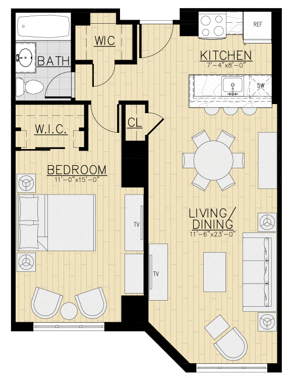 Floor plan for 1 bed, 1 bath, 717 sqft